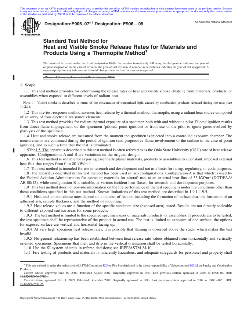 REDLINE ASTM E906-09 - Standard Test Method for  Heat and Visible Smoke Release Rates for Materials and Products Using a Thermopile Method