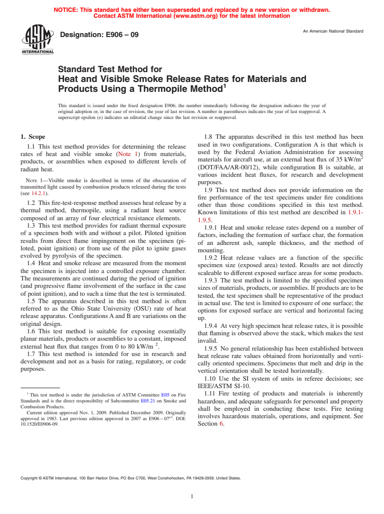 ASTM E906-09 - Standard Test Method for  Heat and Visible Smoke Release Rates for Materials and Products Using a Thermopile Method