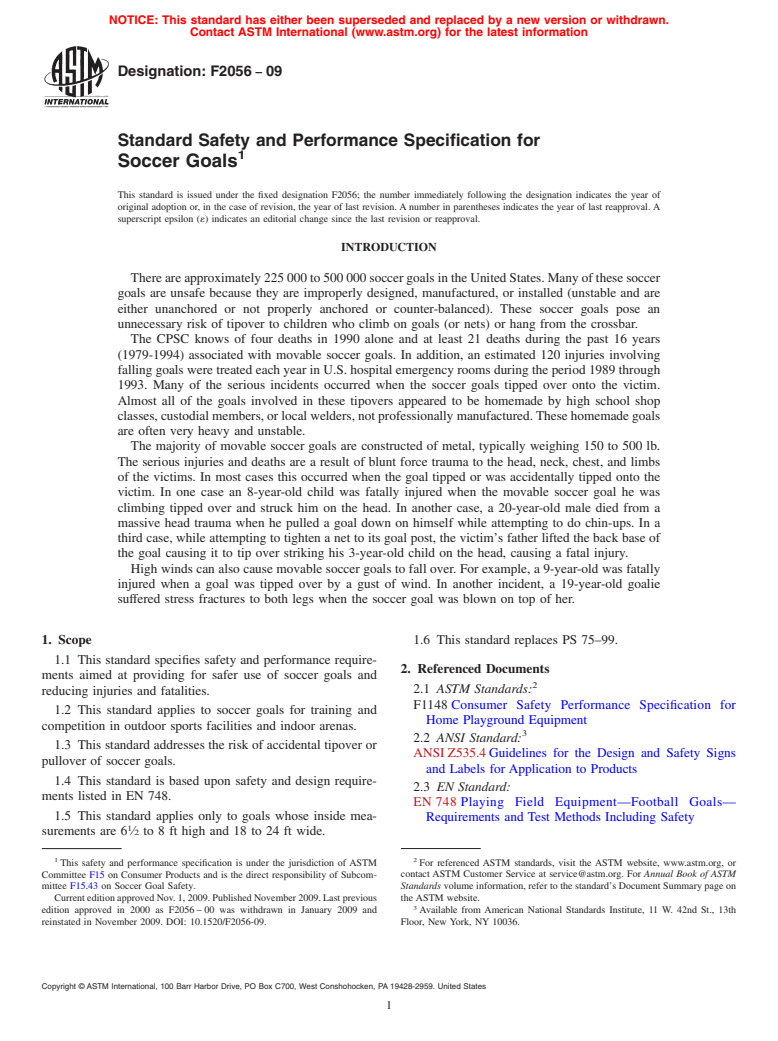 ASTM F2056-09 - Standard Safety and Performance Specification for Soccer Goals (Withdrawn 2018)