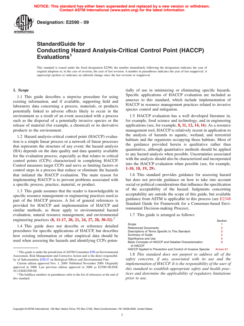ASTM E2590-09 - Standard Guide for Conducting Hazard Analysis-Critical Control Point (HACCP) Evaluations