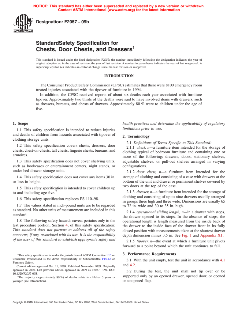 ASTM F2057-09b - Standard Safety Specification for Chests, Door Chests, and Dressers