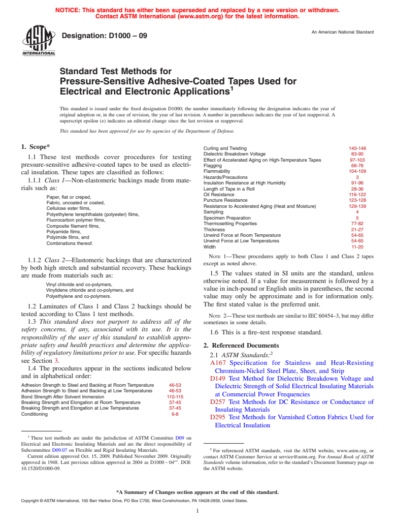 ASTM D1000-09 - Standard Test Methods for Pressure-Sensitive Adhesive-Coated Tapes Used for Electrical and Electronic Applications