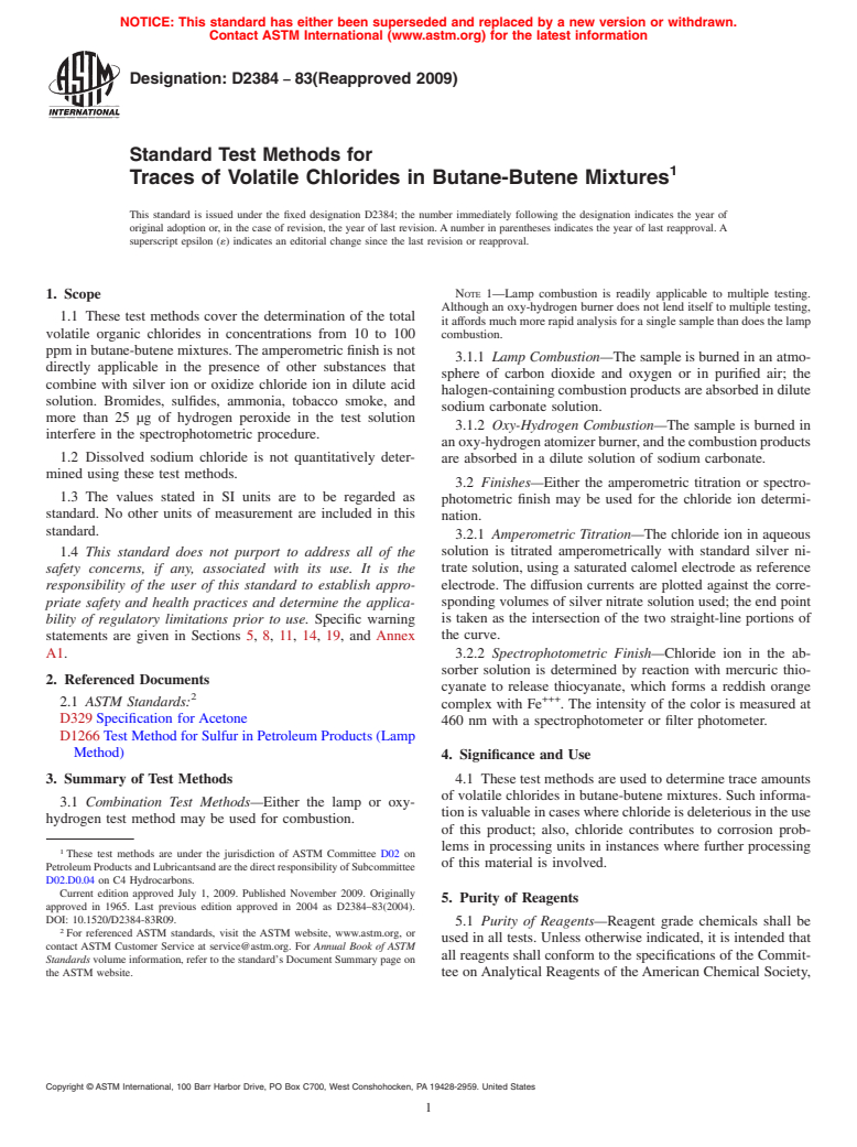 ASTM D2384-83(2009) - Standard Test Methods for Traces of Volatile Chlorides in Butane-Butene Mixtures