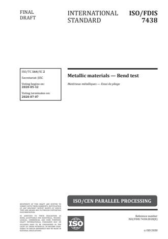ISO/FDIS 7438:Version 08-maj-2020 - Metallic materials -- Bend test