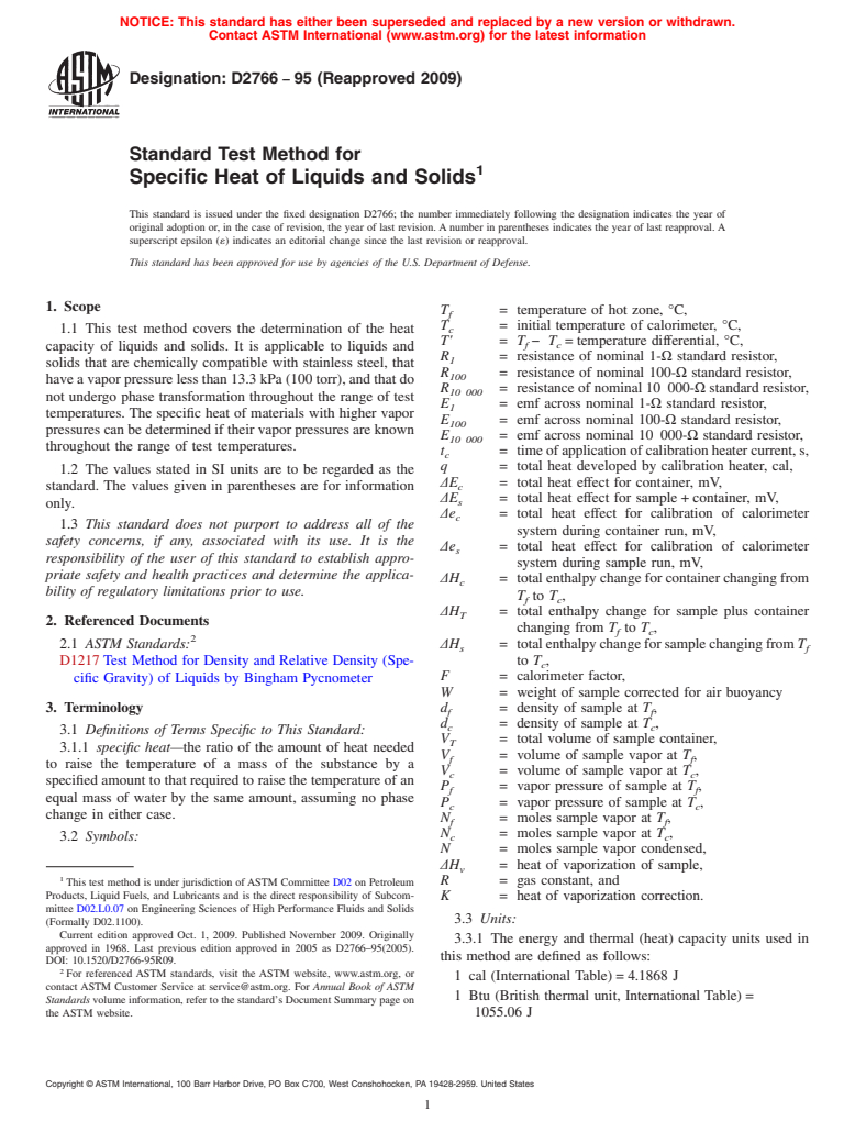 ASTM D2766-95(2009) - Standard Test Method for Specific Heat of Liquids and Solids (Withdrawn 2018)