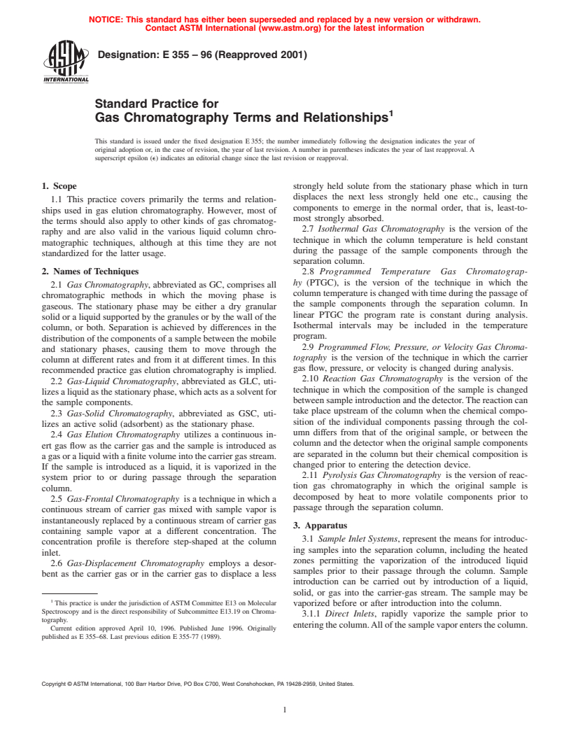 ASTM E355-96(2001) - Standard Practice for Gas Chromatography Terms and Relationships