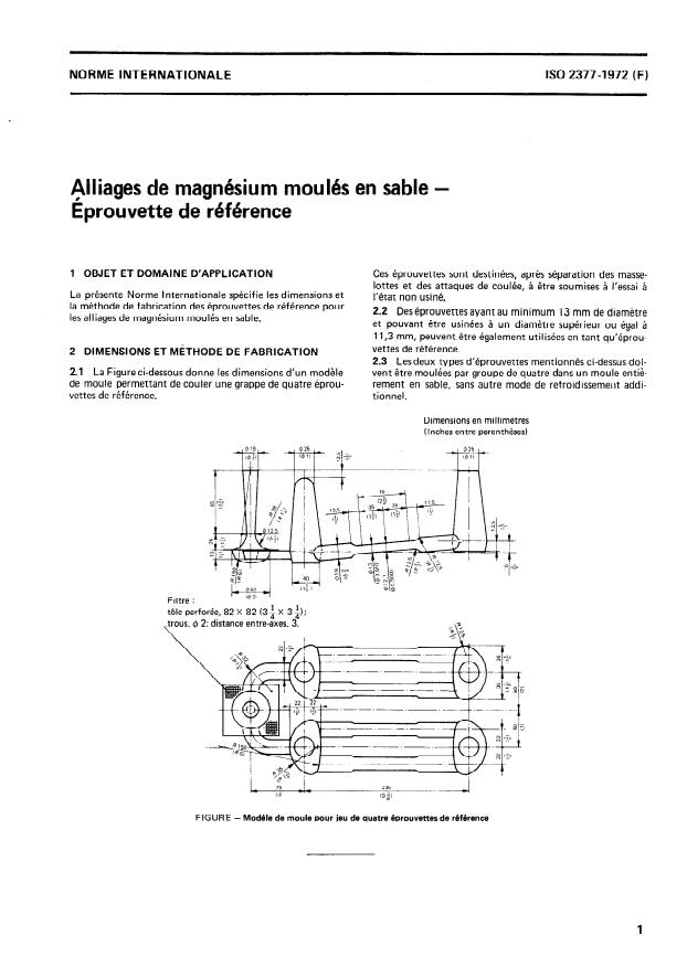 ISO 2377:1972 - Alliages de magnésium moulés en sable -- Éprouvette de référence