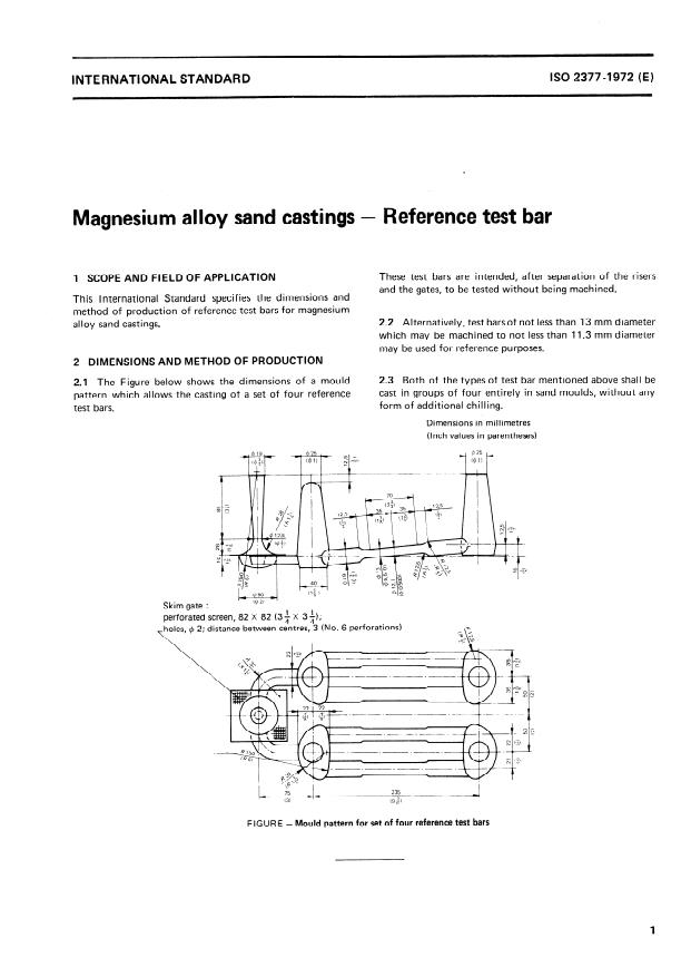 ISO 2377:1972 - Magnesium alloy sand castings -- Reference test bar