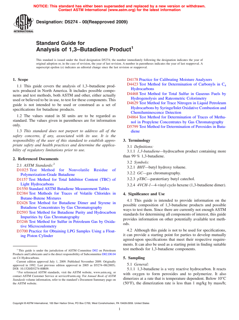 ASTM D5274-00(2009) - Standard Guide for Analysis of 1,3-Butadiene Product