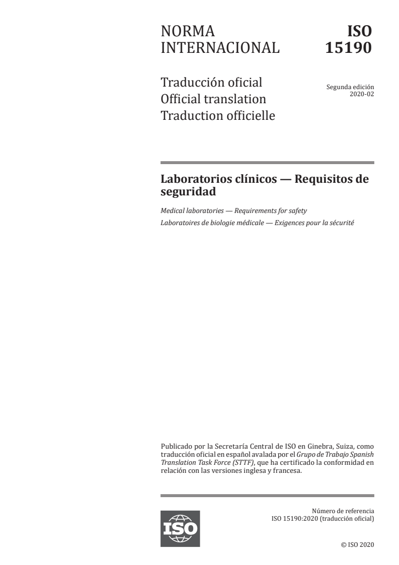 ISO 15190:2020 - Medical laboratories — Requirements for safety
Released:10/20/2021