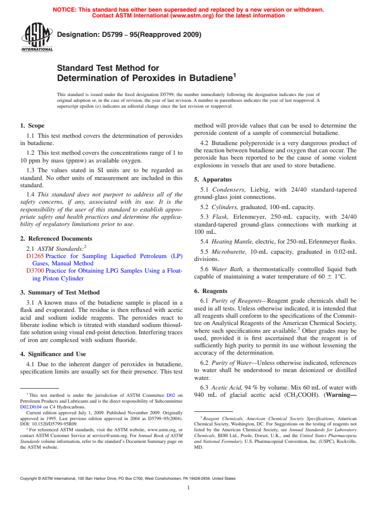 ASTM D5799-95(2009) - Standard Test Method for Determination of Peroxides in Butadiene