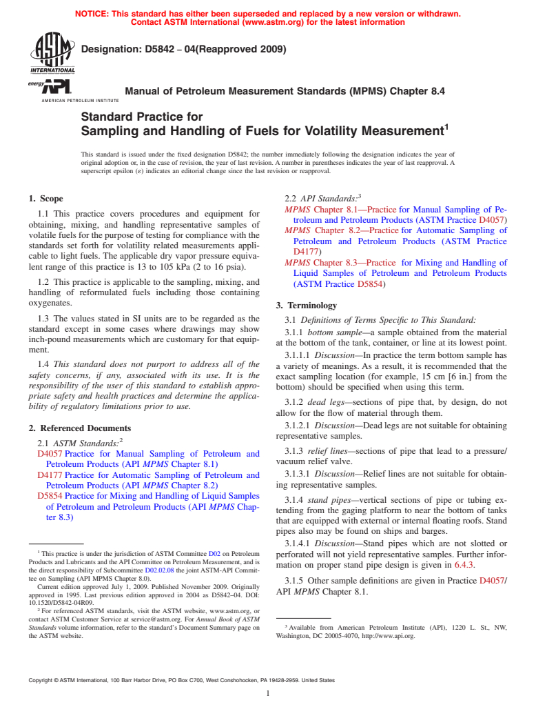 ASTM D5842-04(2009) - Standard Practice for Sampling and Handling of Fuels for Volatility Measurement