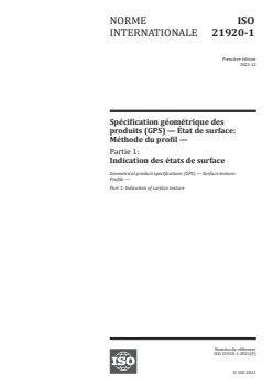 ISO 21920-1:2021 - Spécification géométrique des produits (GPS) — État de surface: Méthode du profil — Partie 1: Indication des états de surface
Released:12/20/2021 - Page 1 preview