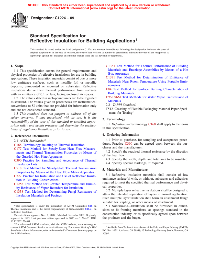 ASTM C1224-09 - Standard Specification for Reflective Insulation for Building Applications