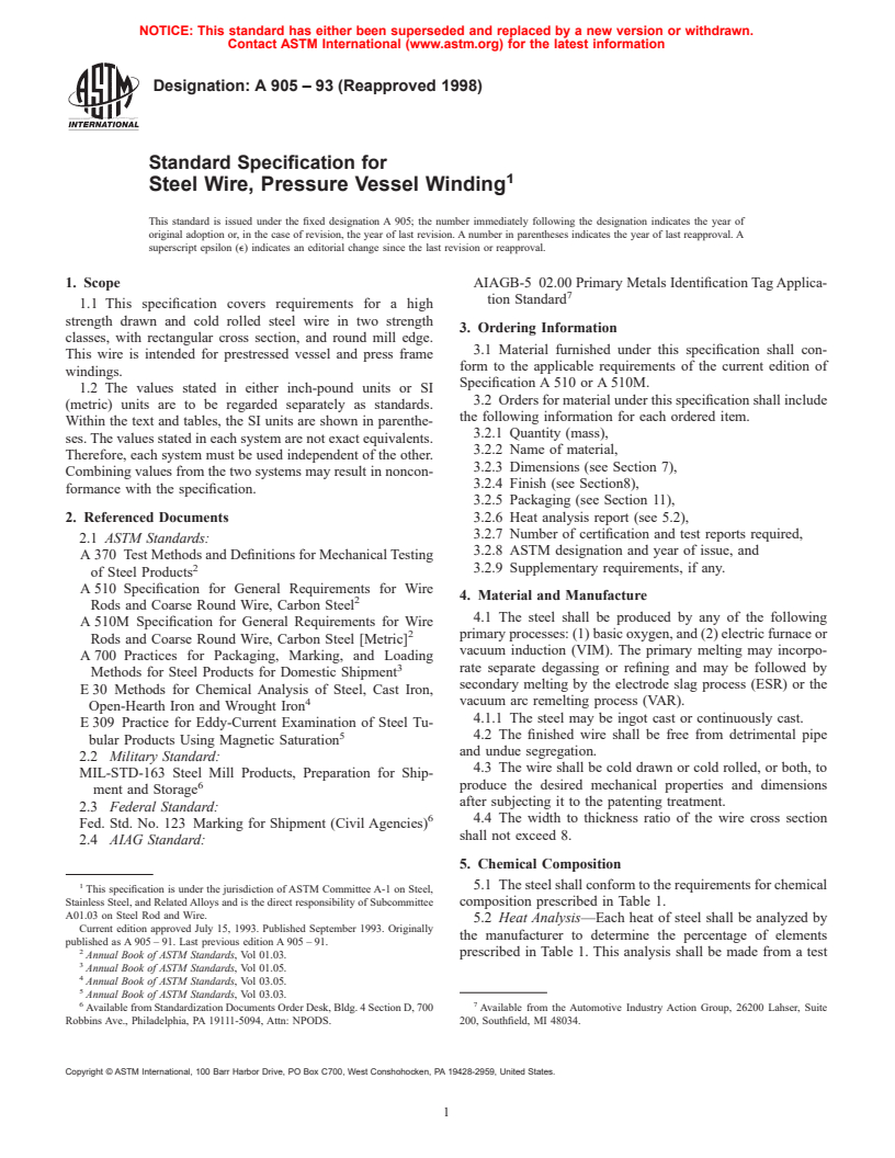 ASTM A905-93(1998) - Standard Specification for Steel Wire, Pressure Vessel Winding