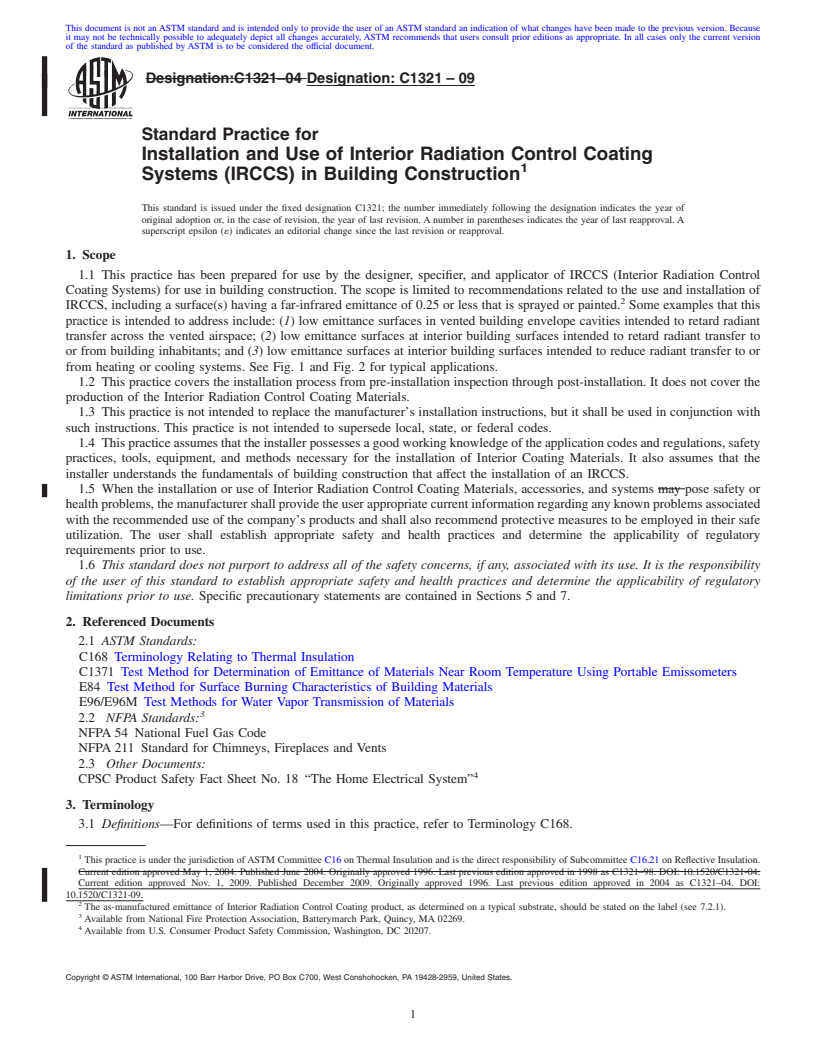 REDLINE ASTM C1321-09 - Standard Practice for Installation and Use of Interior Radiation Control Coating Systems (IRCCS) in Building Construction