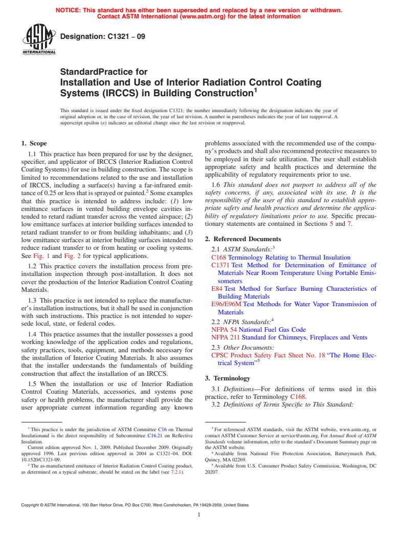 ASTM C1321-09 - Standard Practice for Installation and Use of Interior Radiation Control Coating Systems (IRCCS) in Building Construction