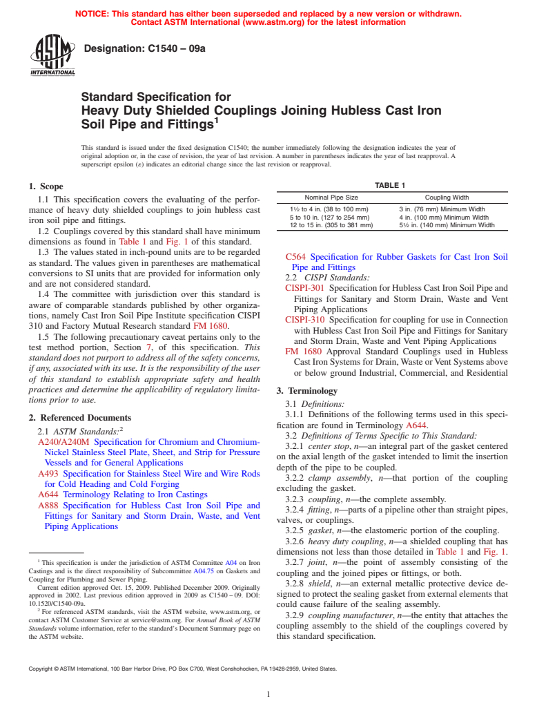 ASTM C1540-09a - Standard Specification for Heavy Duty Shielded Couplings Joining Hubless Cast Iron Soil Pipe and Fittings