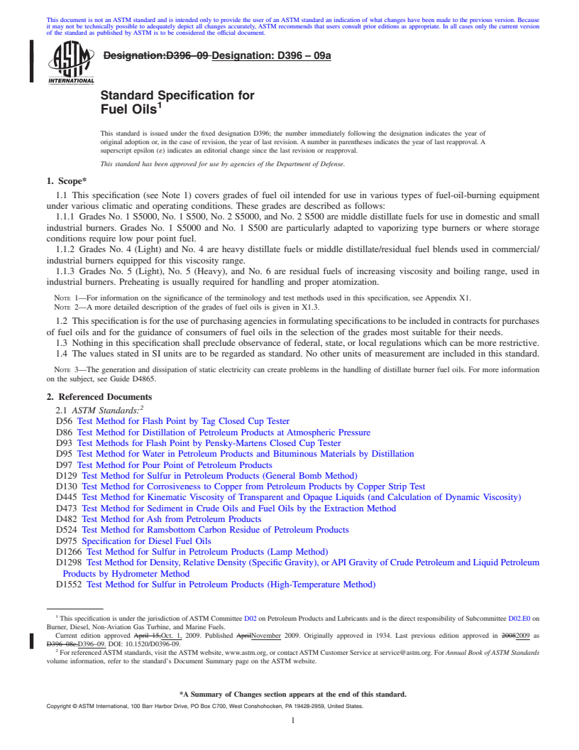 REDLINE ASTM D396-09a - Standard Specification for Fuel Oils