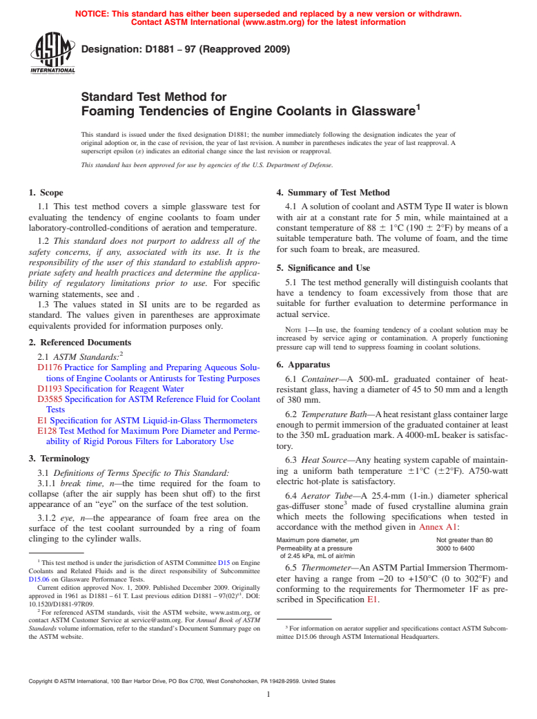 ASTM D1881-97(2009) - Standard Test Method for Foaming Tendencies of Engine Coolants in Glassware