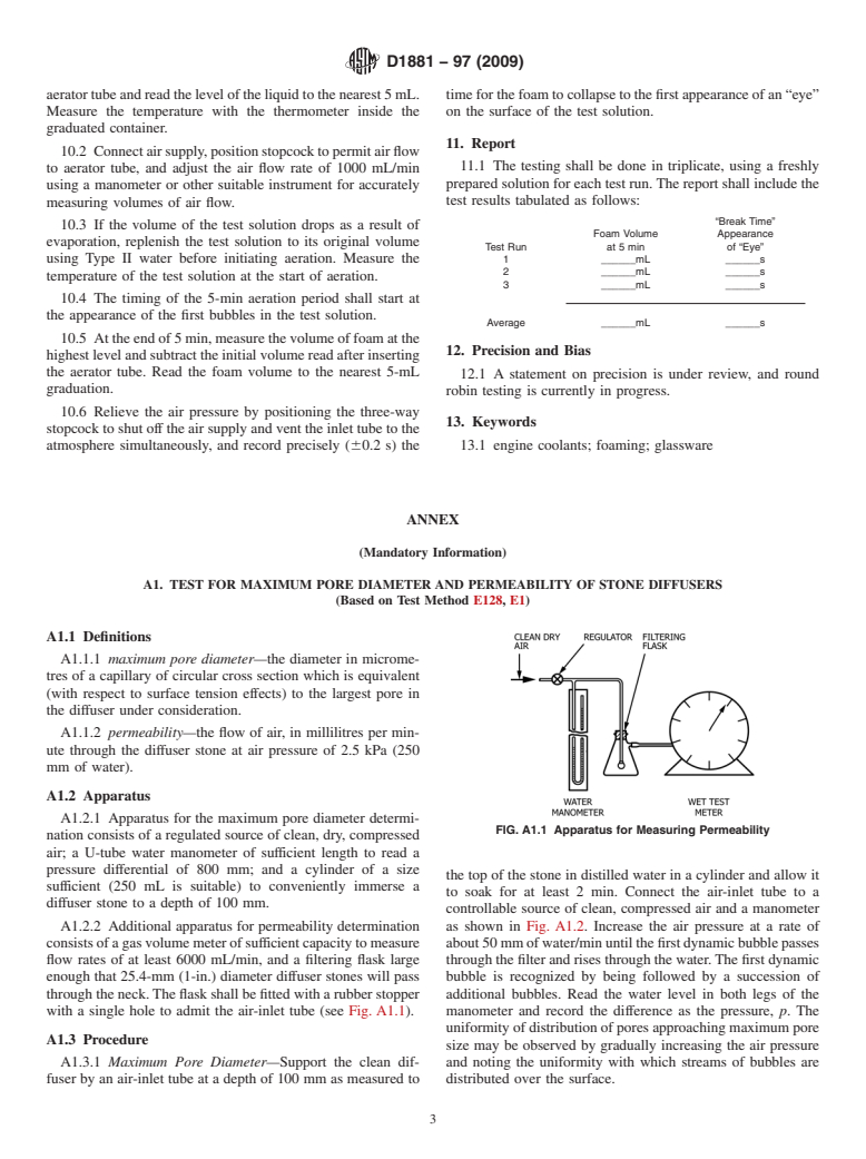 ASTM D1881-97(2009) - Standard Test Method for Foaming Tendencies of Engine Coolants in Glassware