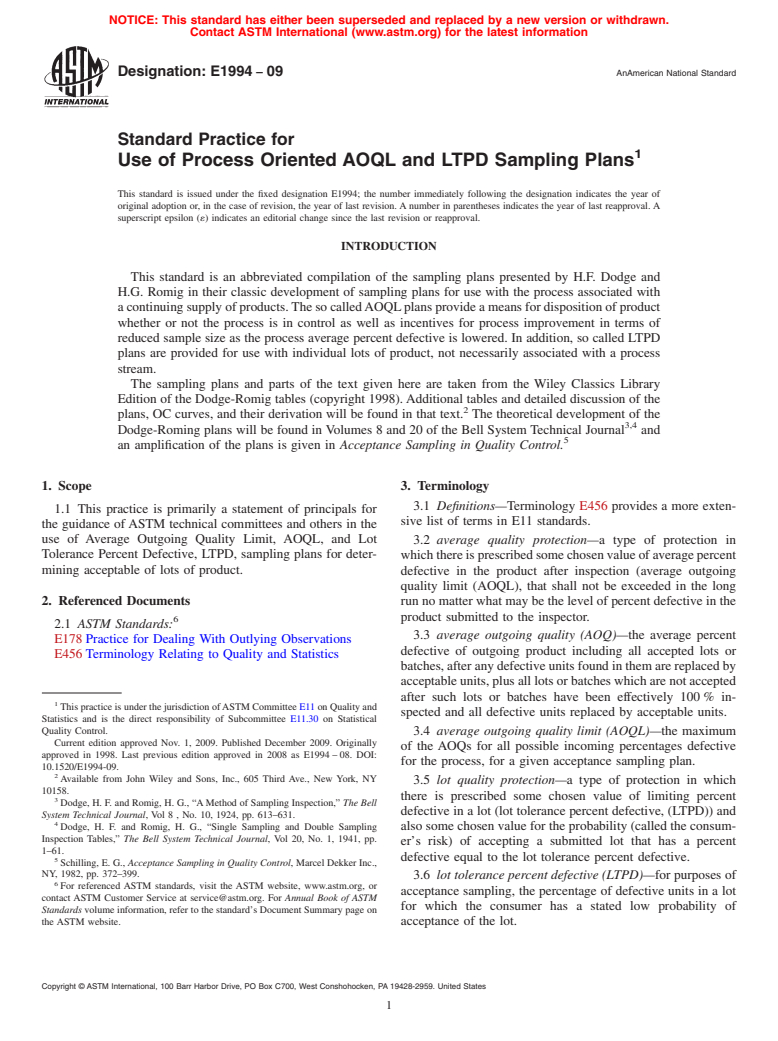 ASTM E1994-09 - Standard Practice for Use of Process Oriented AOQL and LTPD Sampling Plans