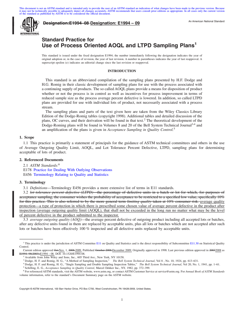 REDLINE ASTM E1994-09 - Standard Practice for Use of Process Oriented AOQL and LTPD Sampling Plans