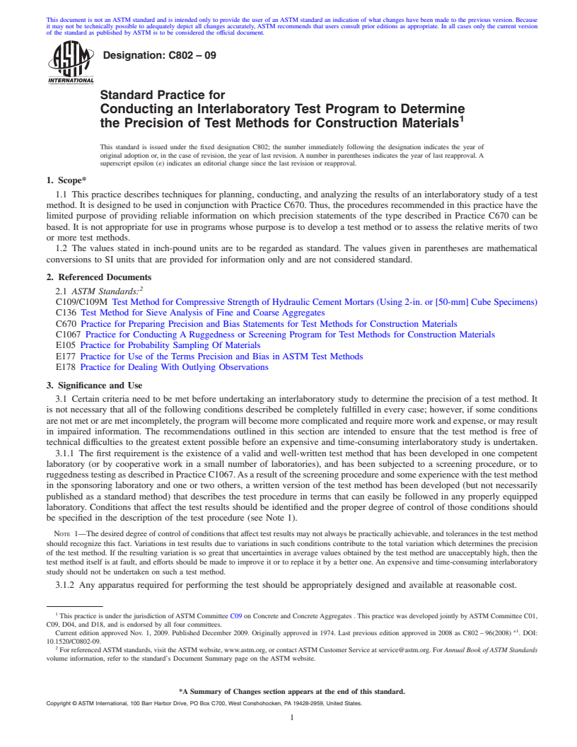 REDLINE ASTM C802-09 - Standard Practice for Conducting an Interlaboratory Test Program to Determine the Precision of Test Methods for Construction Materials