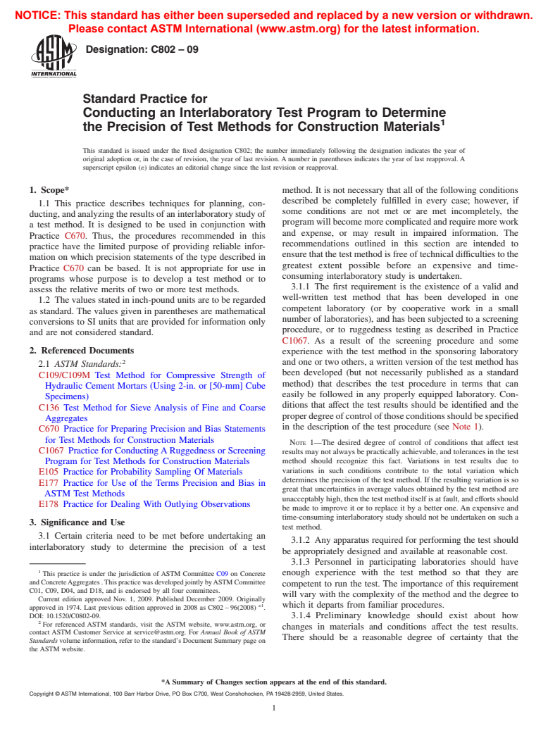 ASTM C802-09 - Standard Practice for Conducting an Interlaboratory Test Program to Determine the Precision of Test Methods for Construction Materials