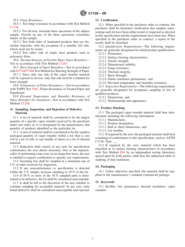 ASTM C1136-09 - Standard Specification for Flexible, Low Permeance Vapor Retarders for Thermal Insulation