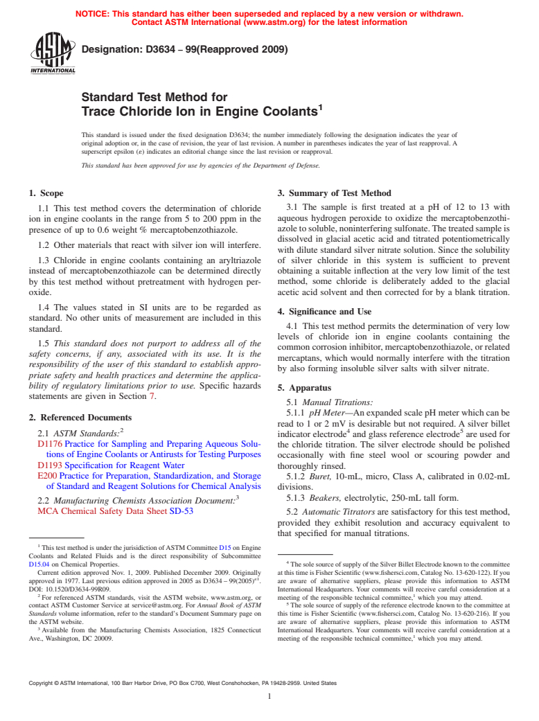 ASTM D3634-99(2009) - Standard Test Method for Trace Chloride Ion in Engine Coolants