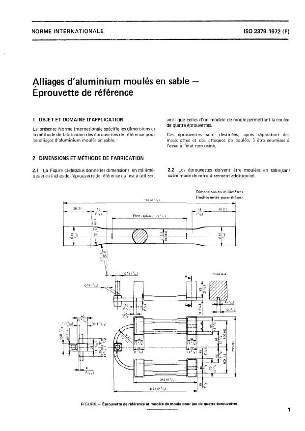 ISO 2379:1972 - Alliages d'aluminium moulés en sable -- Éprouvette de référence