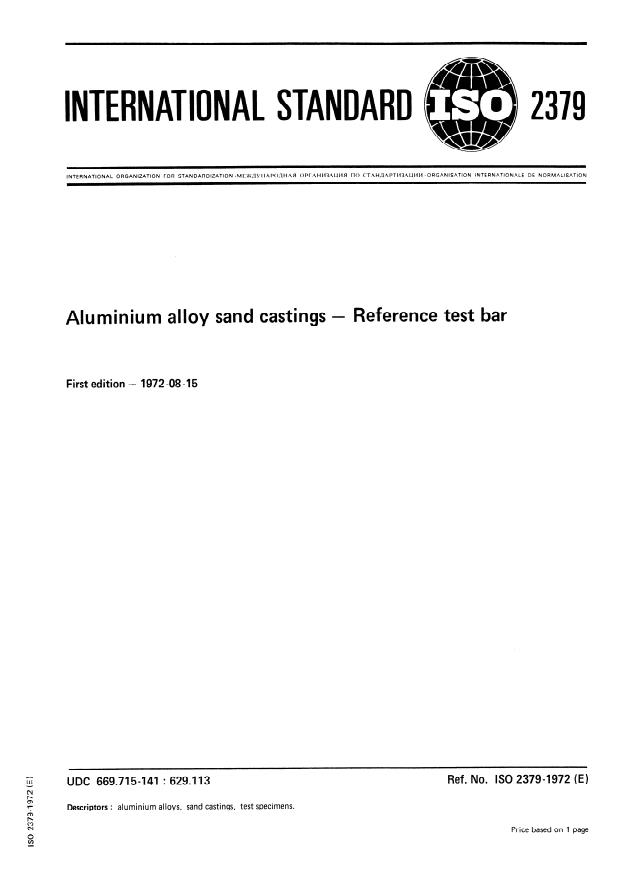 ISO 2379:1972 - Aluminium alloy sand castings -- Reference test bar