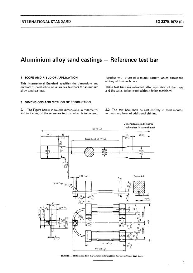 ISO 2379:1972 - Aluminium alloy sand castings -- Reference test bar