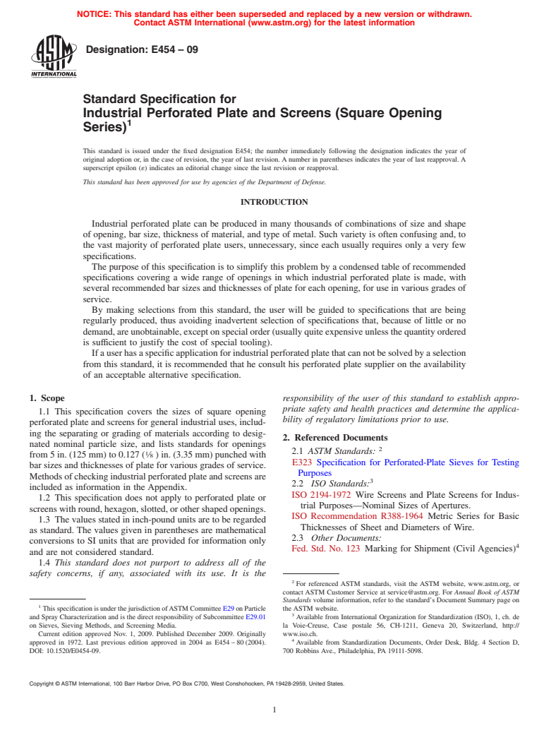 ASTM E454-09 - Standard Specification for Industrial Perforated Plate and Screens (Square Opening Series)