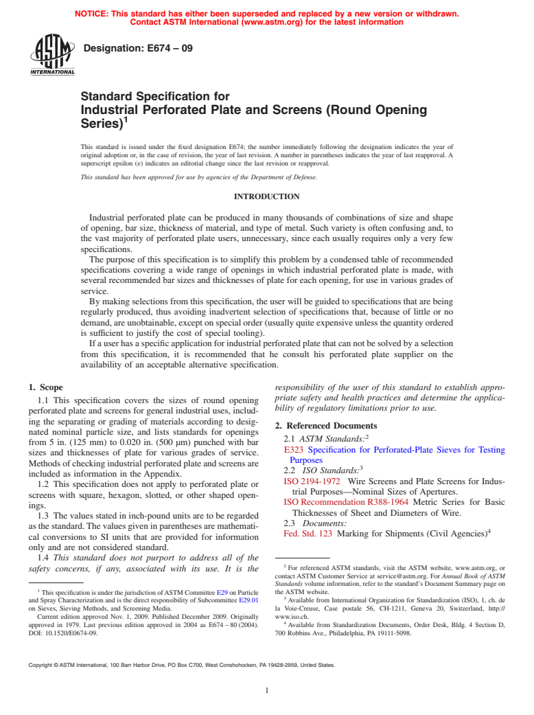 ASTM E674-09 - Standard Specification for Industrial Perforated Plate and Screens (Round Opening Series)