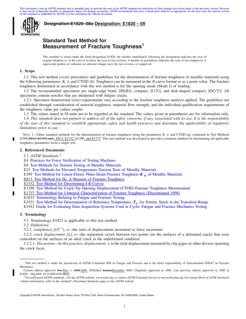 REDLINE ASTM E1820-09 - Standard Test Method for  Measurement of Fracture Toughness