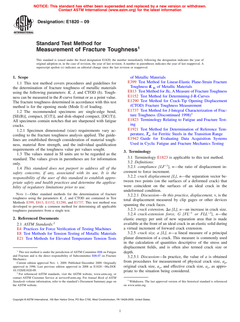 ASTM E1820-09 - Standard Test Method for  Measurement of Fracture Toughness