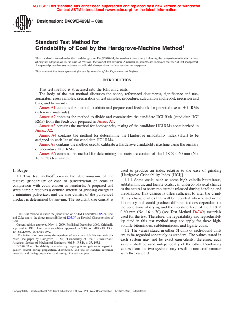 ASTM D409/D409M-09a - Standard Test Method for Grindability of Coal by the Hardgrove-Machine Method