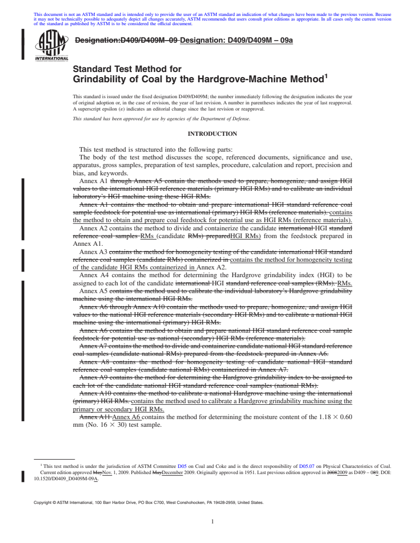 REDLINE ASTM D409/D409M-09a - Standard Test Method for Grindability of Coal by the Hardgrove-Machine Method