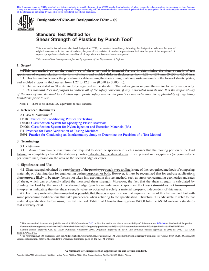 REDLINE ASTM D732-09 - Standard Test Method for Shear Strength of Plastics by Punch Tool