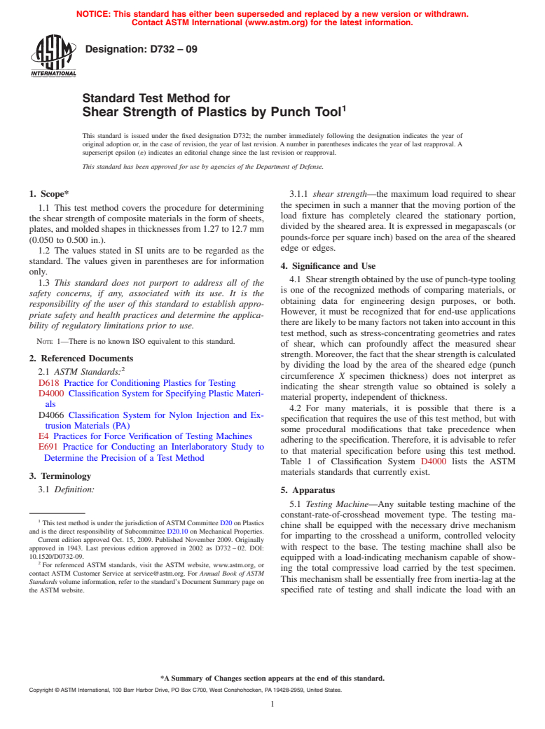 ASTM D732-09 - Standard Test Method for Shear Strength of Plastics by Punch Tool