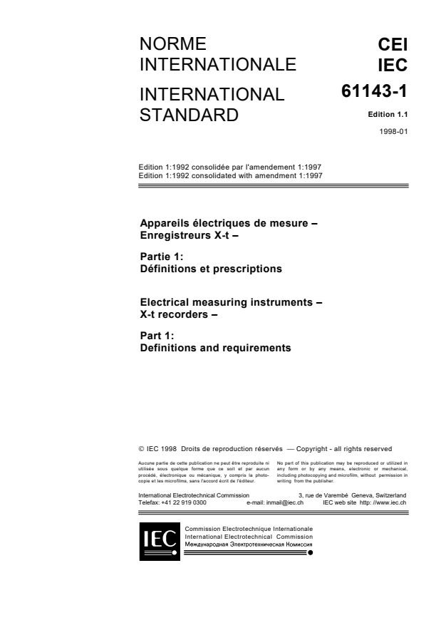 IEC 61143-1:1992+AMD1:1997 CSV - Electrical measuring instruments - X-t recorders - Part 1: Definitions and requirements