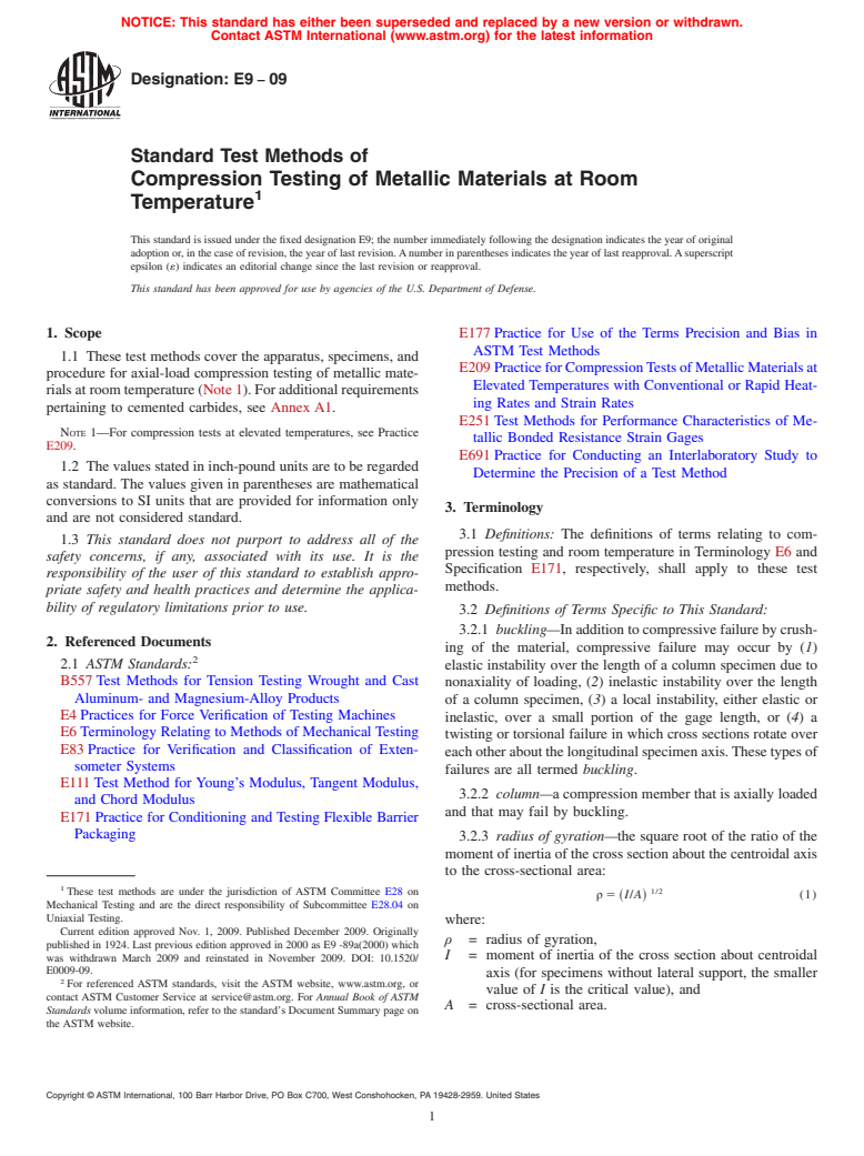 ASTM E9-09 - Standard Test Methods of Compression Testing of Metallic Materials at Room Temperature