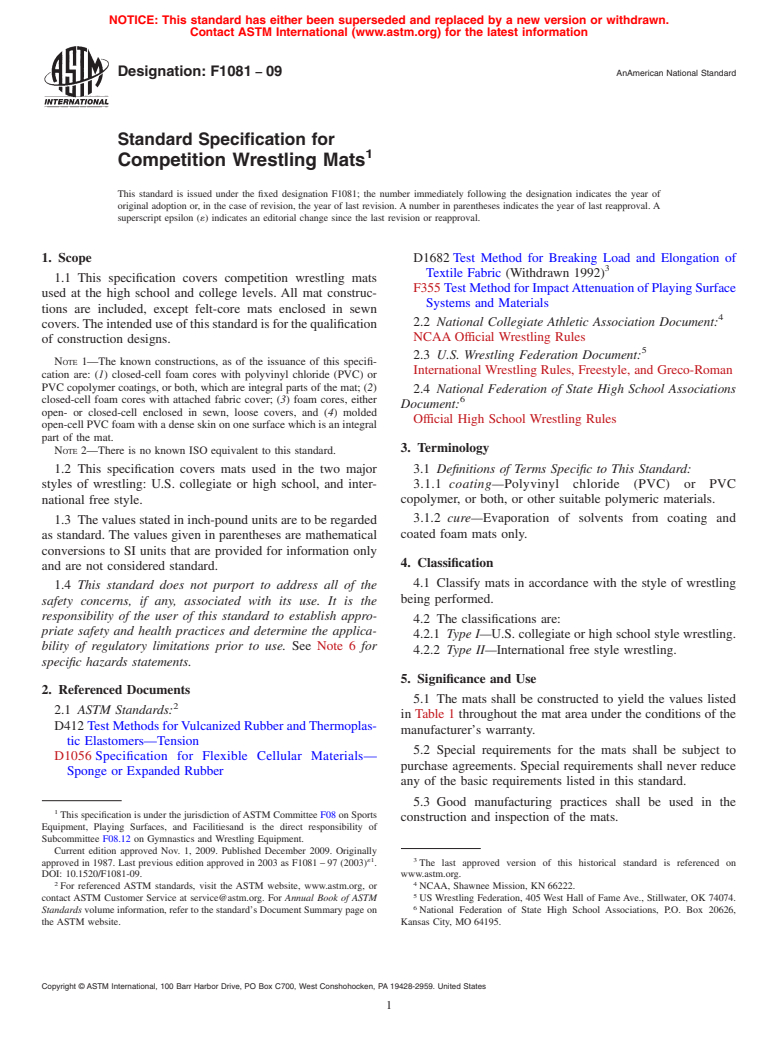 ASTM F1081-09 - Standard Specification for Competition Wrestling Mats