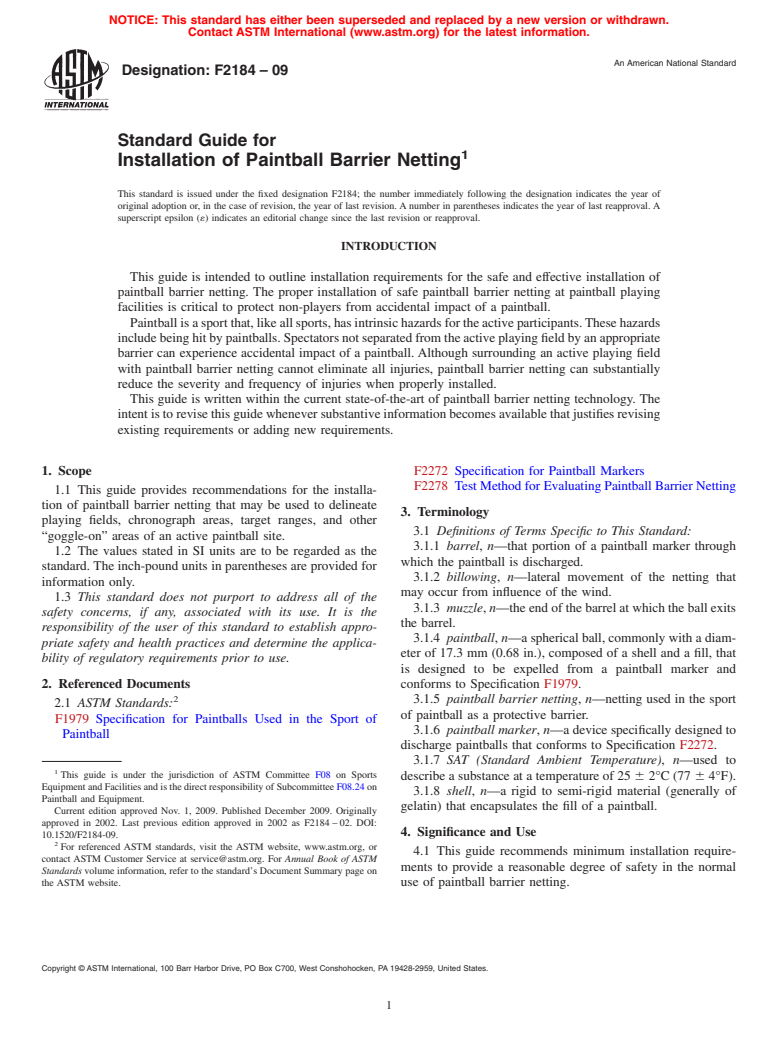 ASTM F2184-09 - Standard Guide for Installation of Paintball Barrier Netting