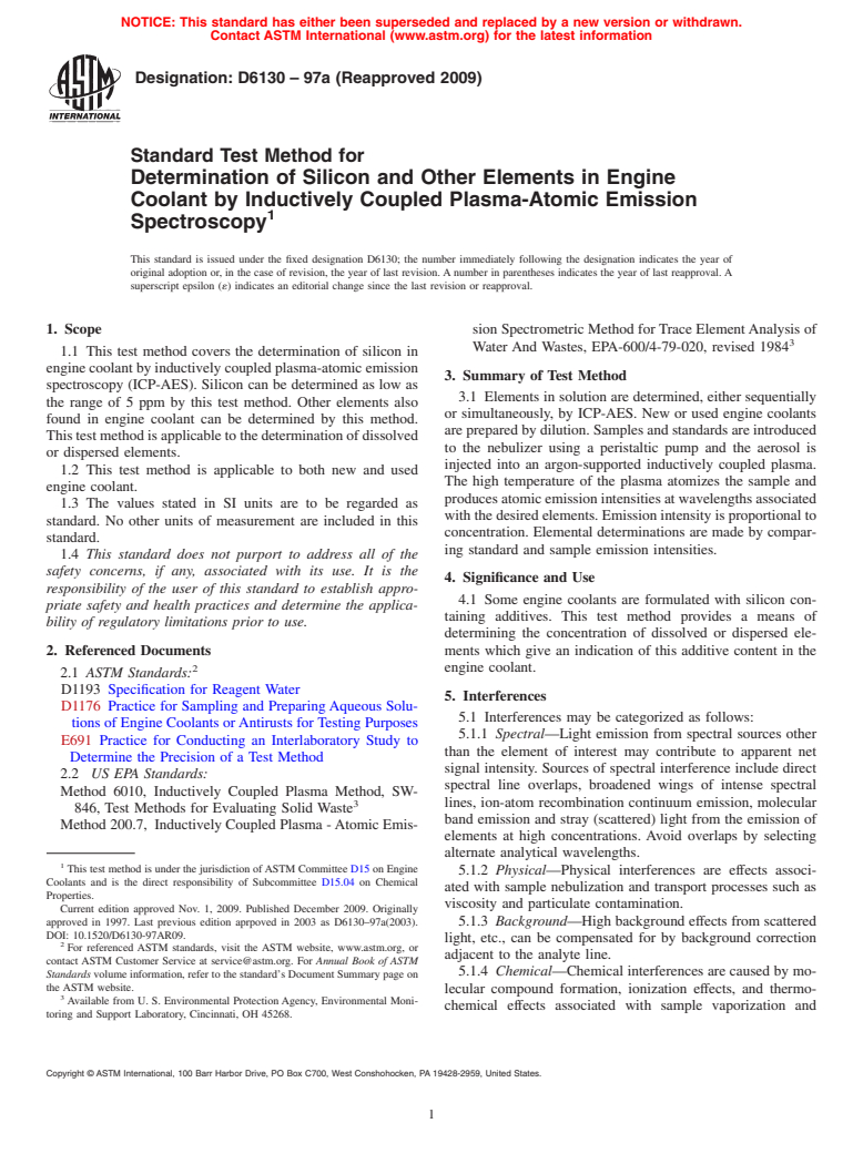 ASTM D6130-97a(2009) - Standard Test Method for Determination of Silicon and Other Elements in Engine Coolant by Inductively Coupled Plasma-Atomic Emission Spectroscopy