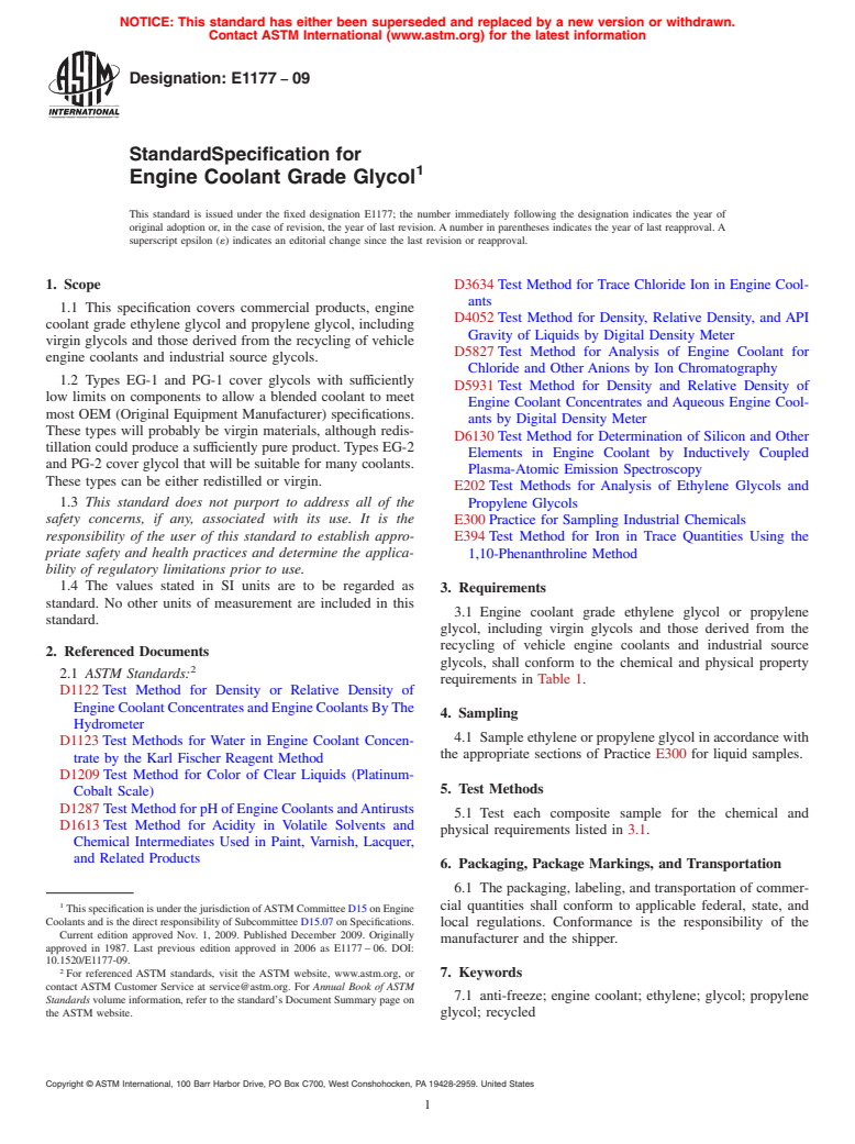 ASTM E1177-09 - Standard Specification for Engine Coolant Grade Ethylene Glycol