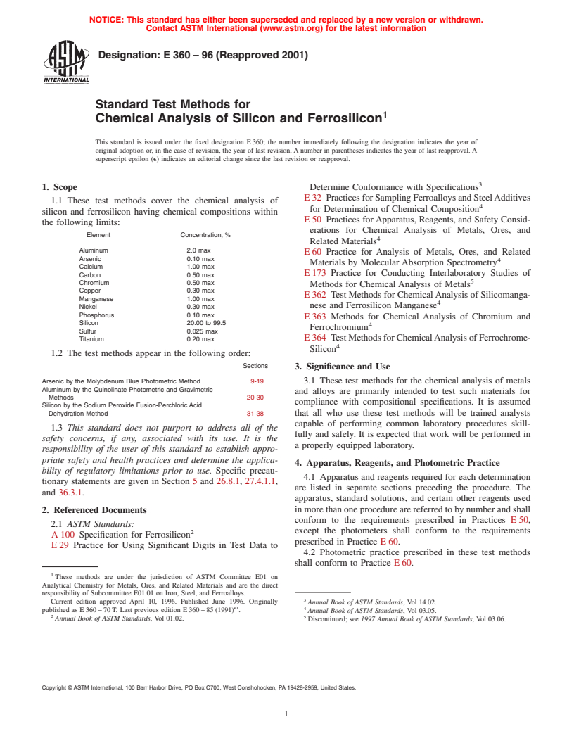 ASTM E360-96(2001) - Standard Test Methods for Chemical Analysis of Silicon and Ferrosilicon (Withdrawn 2006)