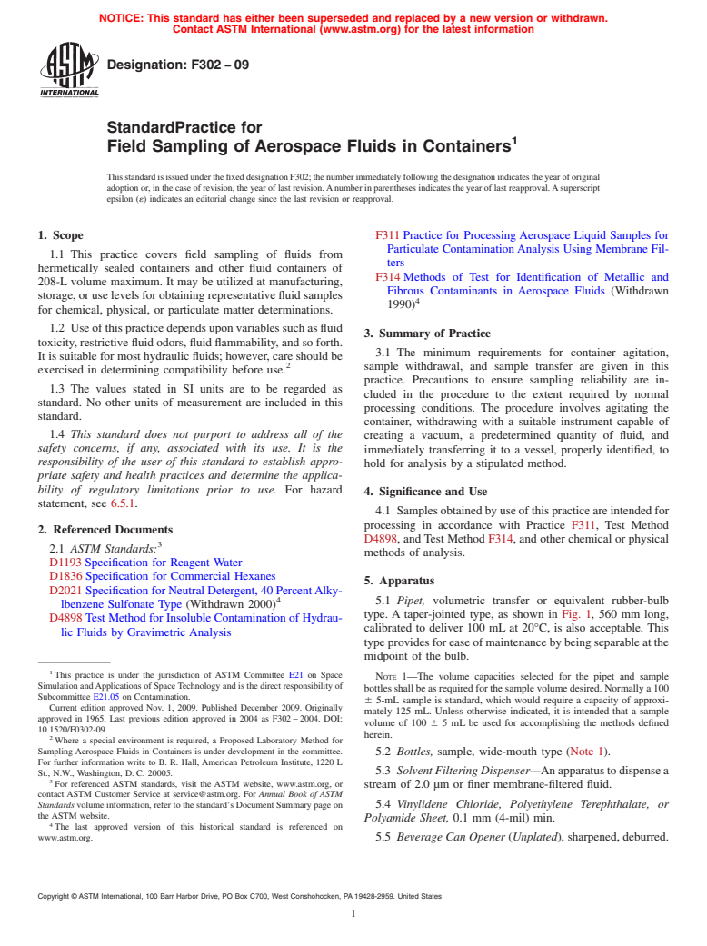 ASTM F302-09 - Standard Practice for Field Sampling of Aerospace Fluids in Containers
